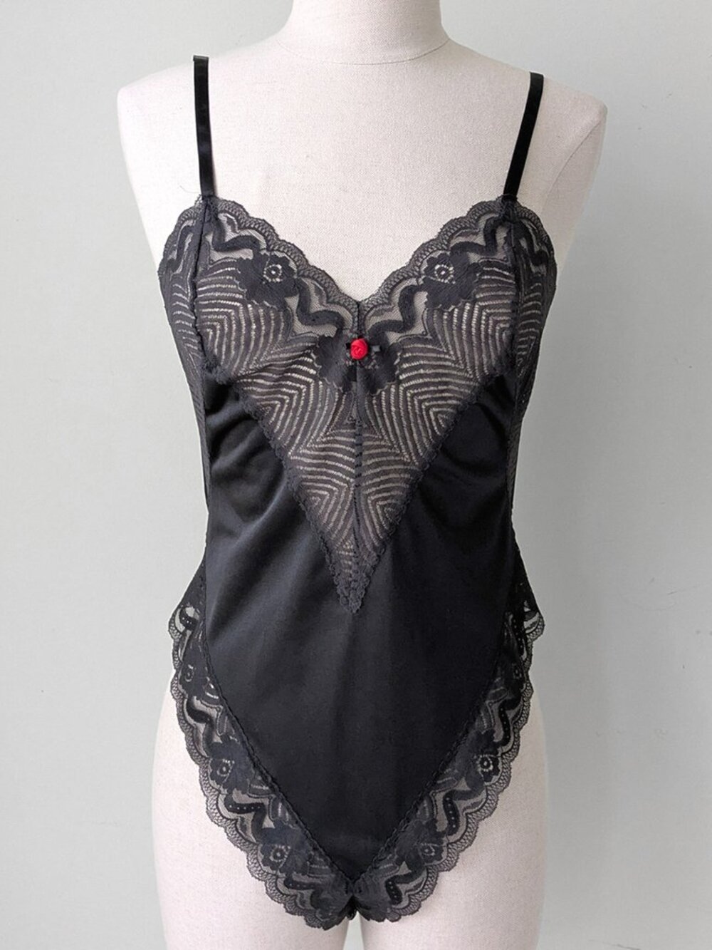 vtg sheer black lace & nylon Lingerie Teddy Bodysuit sz 32